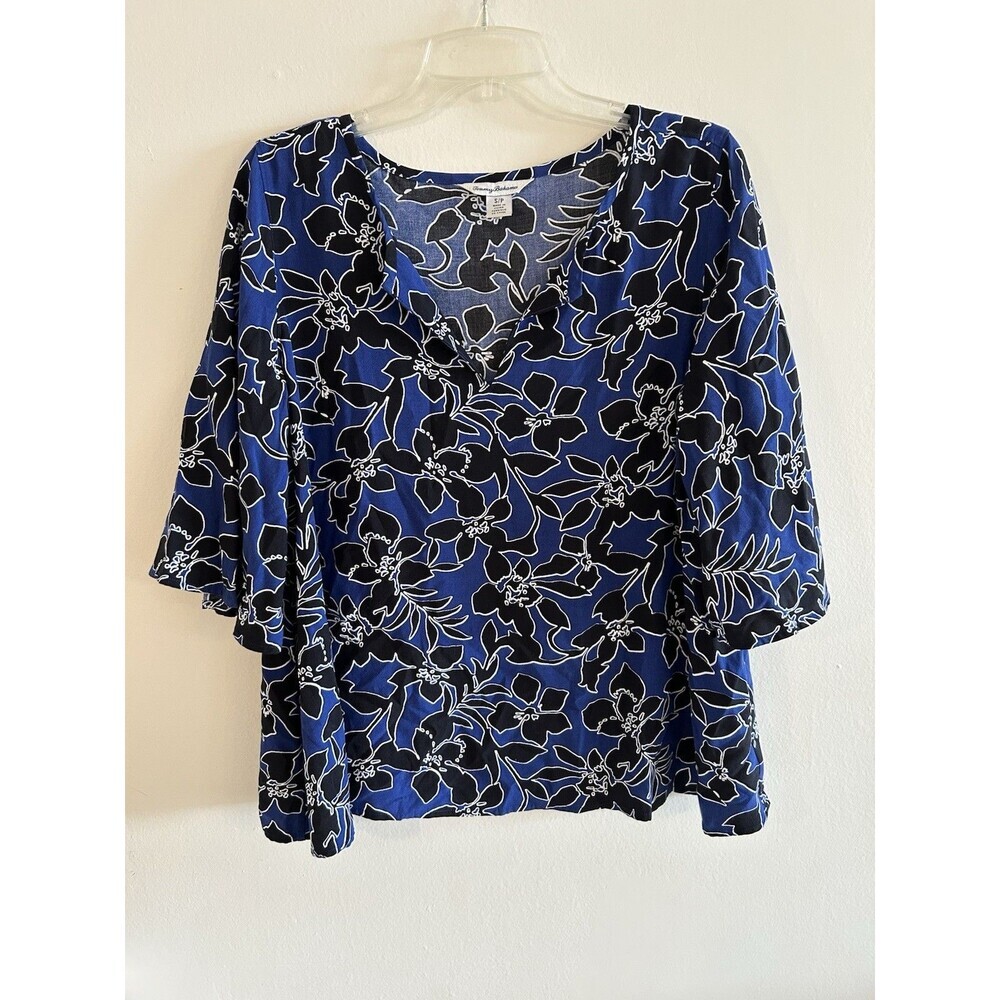 Tommy Bahama Blouse Size S Floral Blue Black 3/4 Sleeve Keyhole Front Rayon